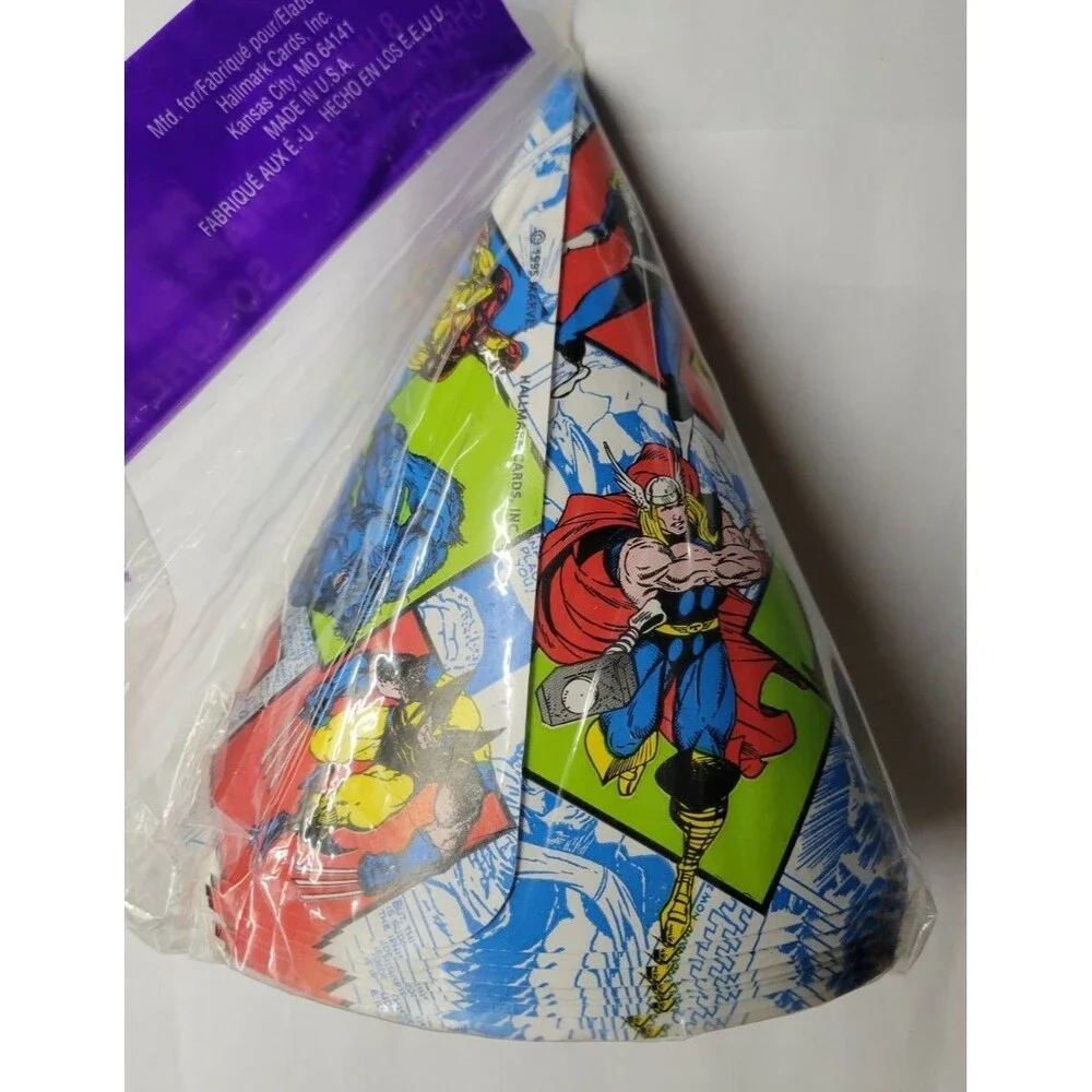 1995 Marvel Birthday Party 8 Hats Hulk Wolverine Thor Spiderman Iron Man Sealed